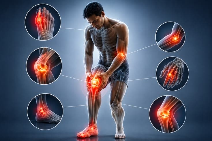 Full body joint pain diagram highlighting foot, ankle, knee, hip, elbow and wrist pain treated at Mediplex Rawalpindi