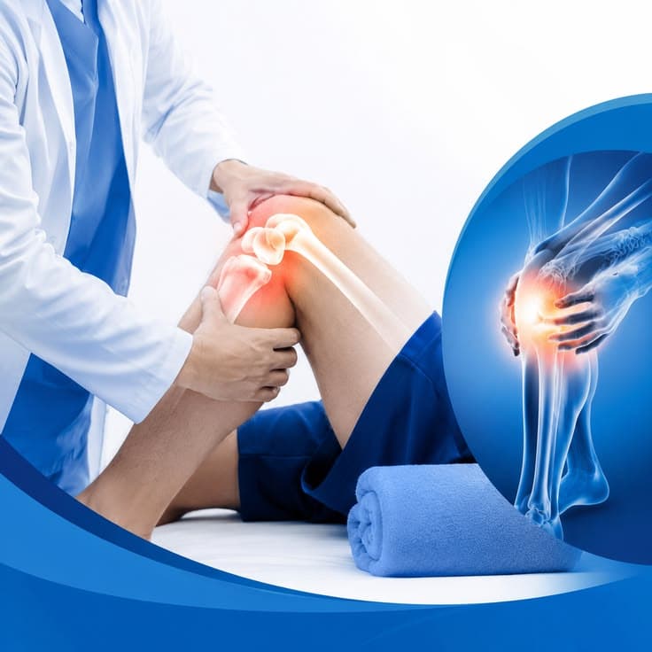 Physiotherapist examining a patient's knee with a highlighted joint pain inset at Mediplex Rawalpindi