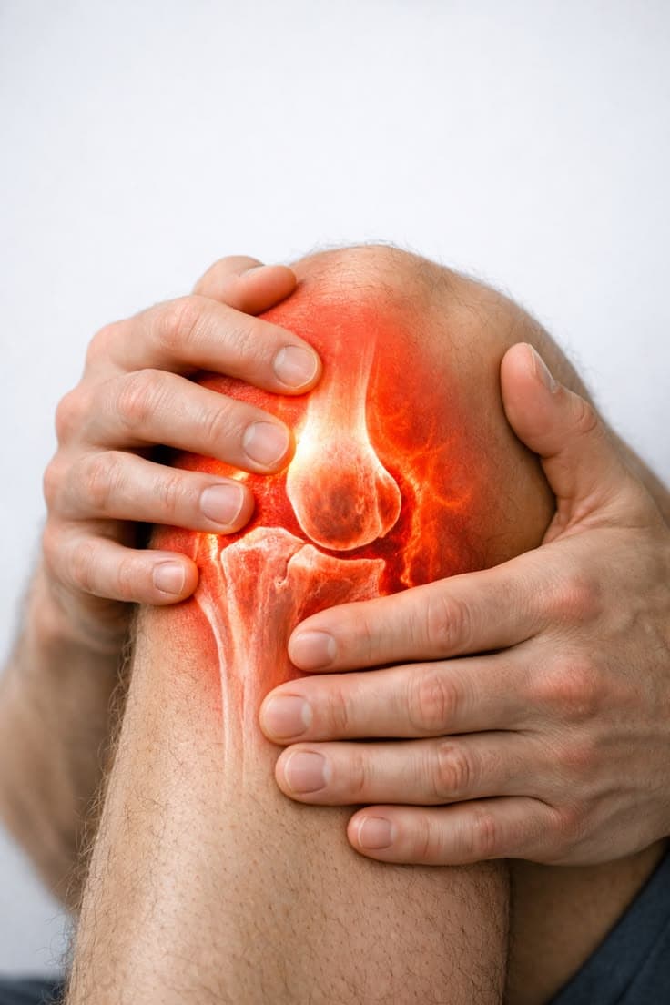 Red glow highlighting knee pain during a physiotherapy assessment at Mediplex Rawalpindi