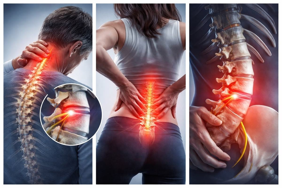 Neck pain, lower back pain and spine anatomy panel illustrating conditions treated at Mediplex Rawalpindi