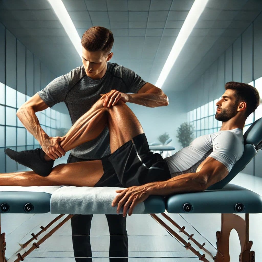 Physiotherapist performing a knee and leg stretching technique on a treatment table at Mediplex Health Care Centre, Rawalpindi