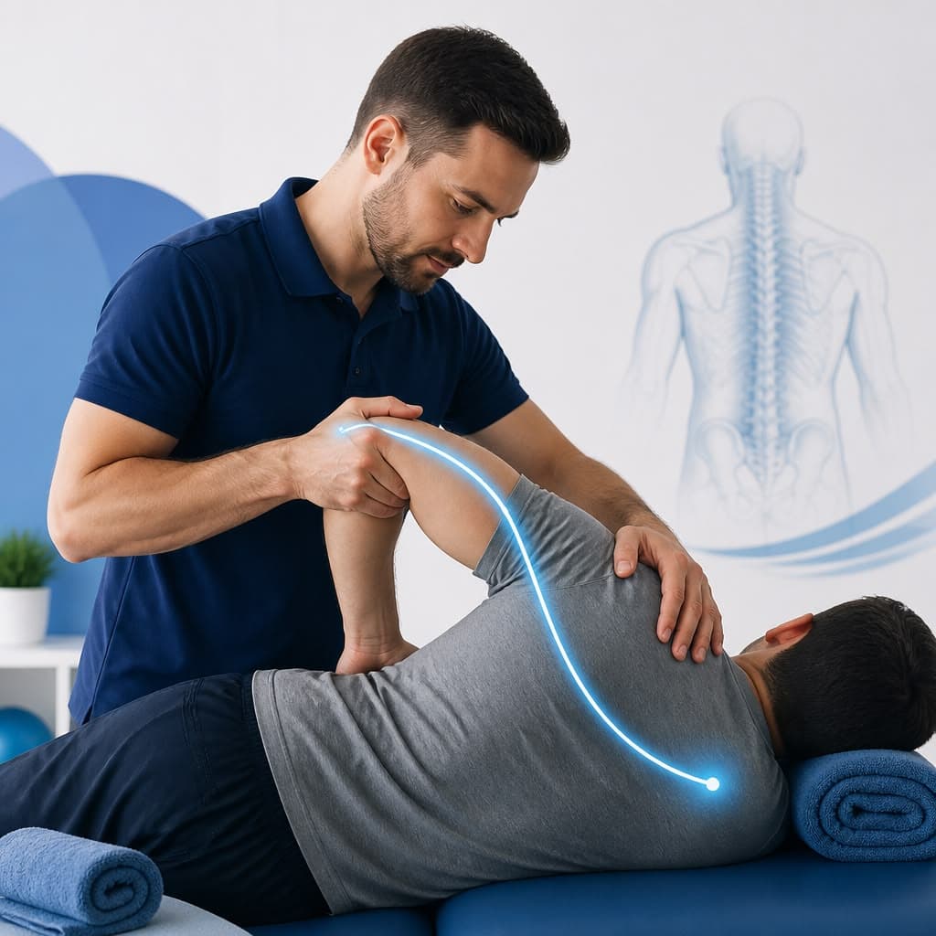 Physiotherapist manipulating a patient's shoulder with a highlighted nerve and spine diagram at Mediplex Rawalpindi
