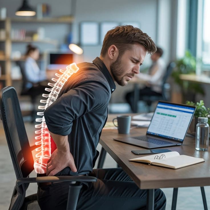 Office worker with spine X-ray glow showing back pain from a sedentary desk lifestyle in Rawalpindi