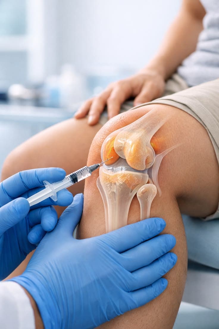 Doctor administering a knee treatment with a joint anatomy overlay at Mediplex Rawalpindi